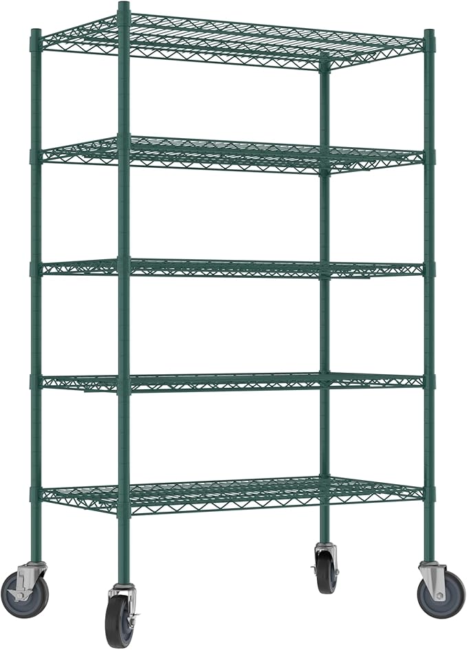 Commercial NSF Listed Green Epoxy Mobile Wire Shelving Kit 21" x 36" x 60", with 5 Shelves Perfect for Warehouse, Walk-in Refrigerator, Freezer, Grocery Store, Restaurant, Dishroom