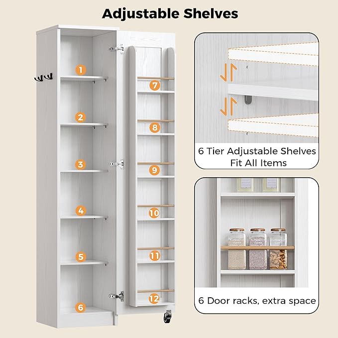 IRONCK Narrow Kitchen Pantry Storage Cabinet, 72" Slim Single Door with 6 Adjustable Shelves, Door Rack and Wheels, Space Saving Freestanding Storage Floor Cabinet for Small Place, White