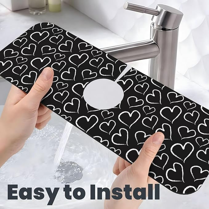 Love Heart Hearts Black And White Kitchen Sink Splash Guard Faucet Mat Super Absorbent Fast Drying Mat Sink Gadgets-Fast Drying Pad Sink Mat For Kitchen Bathroom (15" X 5.5" )