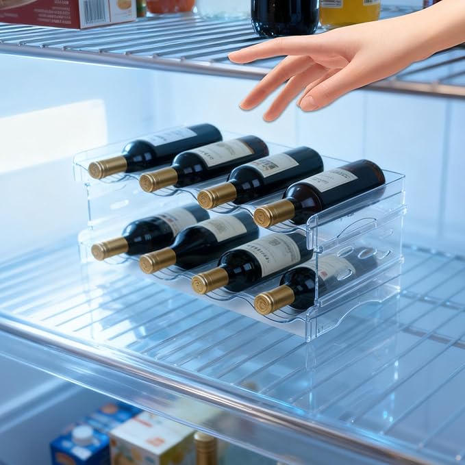 Stackable Acrylic Wine Rack Double-Layer 8-Bottle Holder & Water Bottle Organizer for Refrigerator Cabinet Kitchen Countertop and Bar Storage