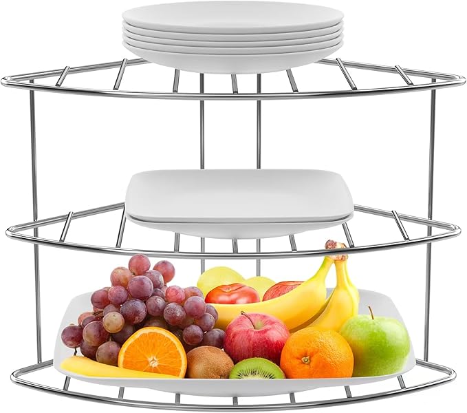 3-Tier Kitchen Details Corner Shelf Organizer | Cabinet & Countertop Storage | Plates | Cups | Bowls (2, Chrome)