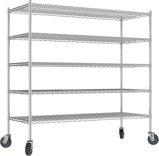 Commercial NSF Listed Chrome Mobile Wire Shelving Kit 24" x 60" x 60", with 5 Shelves Perfect for Warehouse, Walk-in Refrigerator, Freezer, Grocery Store, Restaurant, Dishroom