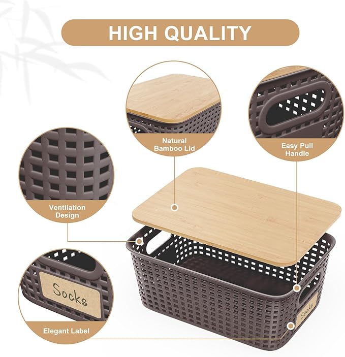 Plastic Storage Bins with Bamboo Lid - Pantry Storage Baskets with Lid - Stackable Container with Lable for Organizing: Small Storage Box for Shelves Office Cabinet Drawer Closet 9x7x4 In - White 6Pcs