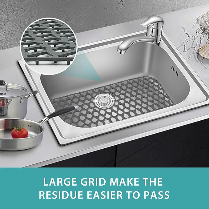 SAMSIER Sink Protectors for Kitchen Sink, Kitchen Sink Accessory - Silicone Mats Grid for Stainless Steel Strainer Bottom of Farmhouse Porcelain sinks (28”x14.4”, Rear Drain)