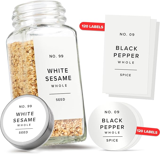 Minimalist Spice Jar Labels Self-Adhesive - 240 Stickers for Spice Jars, Spice Jars & Drawers, Round & Rectangular, Waterproof Spice Organiser Labels for Kitchen Organisation (White)