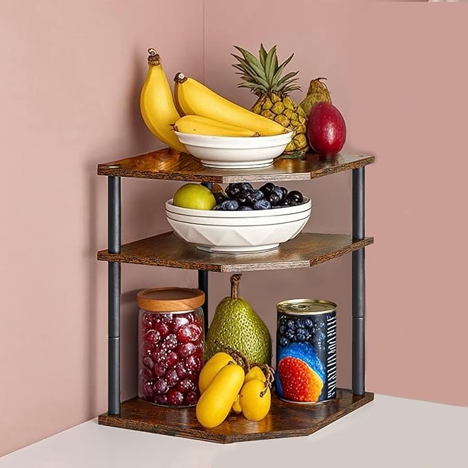 Wooden 3-Tier Corner Shelf, Kitchen Countertop Dish & Bread Organizer Counter Stand Storage for Desktop Bedroom Bathroom Small Space