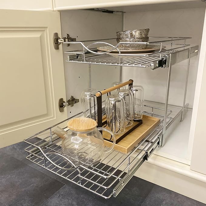 Pull Out Cabinet Organizer 23" W x 21" D 2-Tier Individual Slide Out Drawer Pantry Shelf Storage for Kitchen Base Cabinet Organization for Kitchen, Bathroom, Pantry, Chrome
