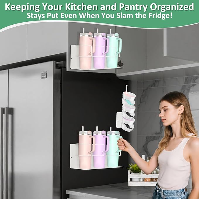 Magnetic Cup Holder for Fridge, Water Bottle Organizer for Cabinet Magnetic Cup Holder Heavy Duty Tumbler Lid Organizer for 20oz 30oz 40oz Cup Accessories Storage Organizer (White)