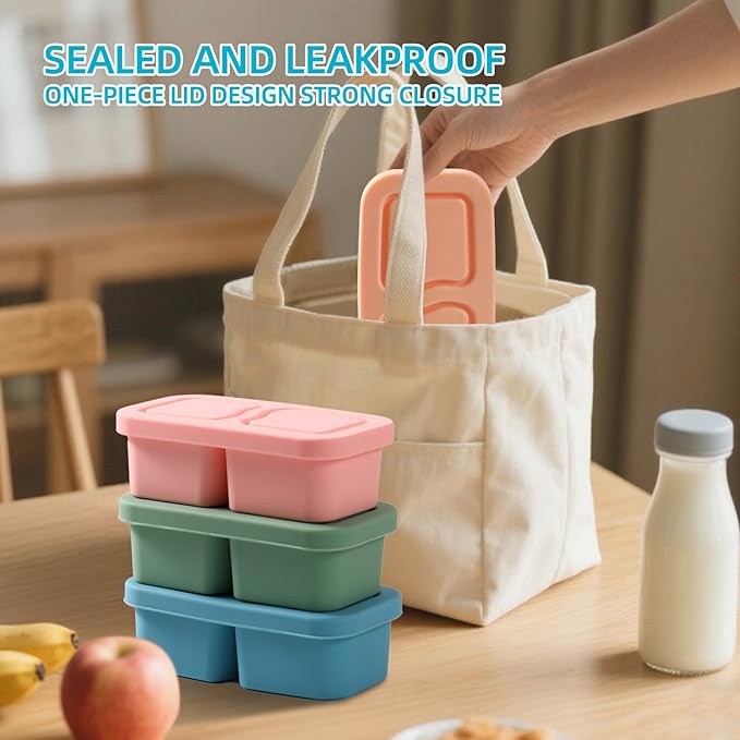 4 Pack Silicone Snack Containers with Lids, 6.8 Oz Double Compartment Food Storage Containers for Picnic, School, Office, Travel Meal Prep and Kitchen Storag