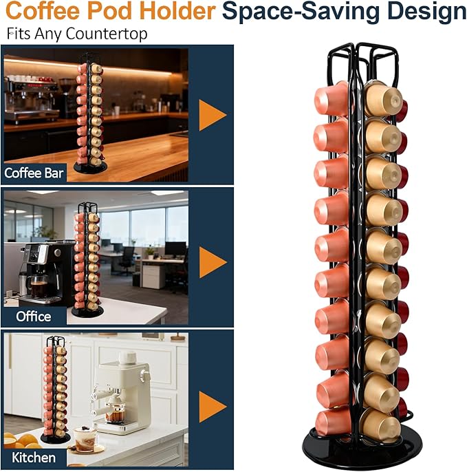 Coffee Pod Holder Carousel for Nespresso OriginalLine – 360° Rotating Capsule Organizer Holds 40 Pods, Space-Saving Countertop Storage Organizer Espresso Pod Rack for Home & Office (Black)