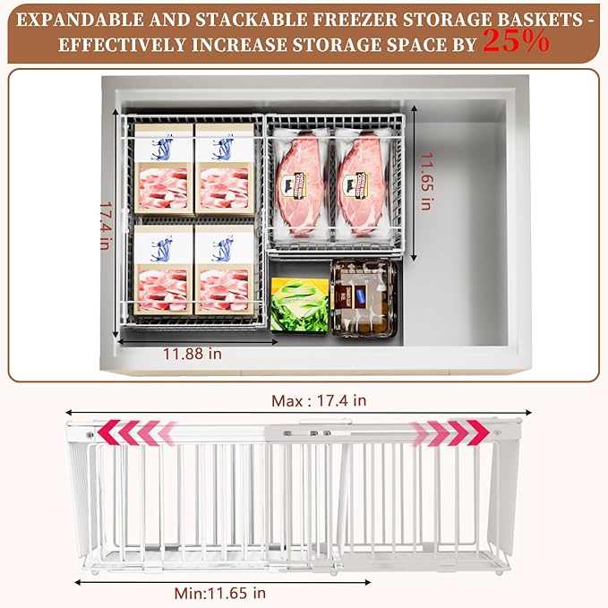 Large Freezer Organizer Bins，Upgraded Bottom Leak-Proof net，2 Pack， Expandable Stackable Chest Freezer Containers with Handle，for Fridge, Deep Freezer, Cabinet, Kitchen, Pantry (White-4Pack)