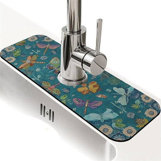 Kitchen Sink Splash Guard，Butterflies and dragonflies Faucet Mat Sink Gadgets-Super Absorbent Fast Drying Mat Drip Catcher for Kitchen, Bathroom,Sink Mat, Dish Drying Mat, Bathroom(15" X 5.5" )