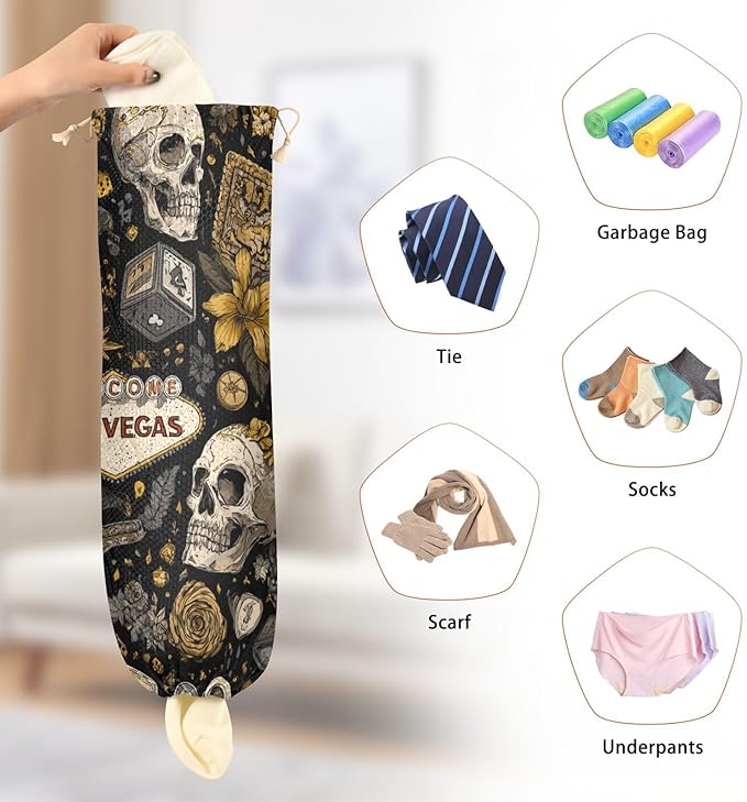 Plastic Bag Holder Wall Mount Grocery Bag Shopping Bag Storage Holder Organizer Dispenser with Adhesive Hook,for Kitchen Bathroom Home Decor 9x22 Inches Vintage Gold Pirate Skulls Flowers Dice15
