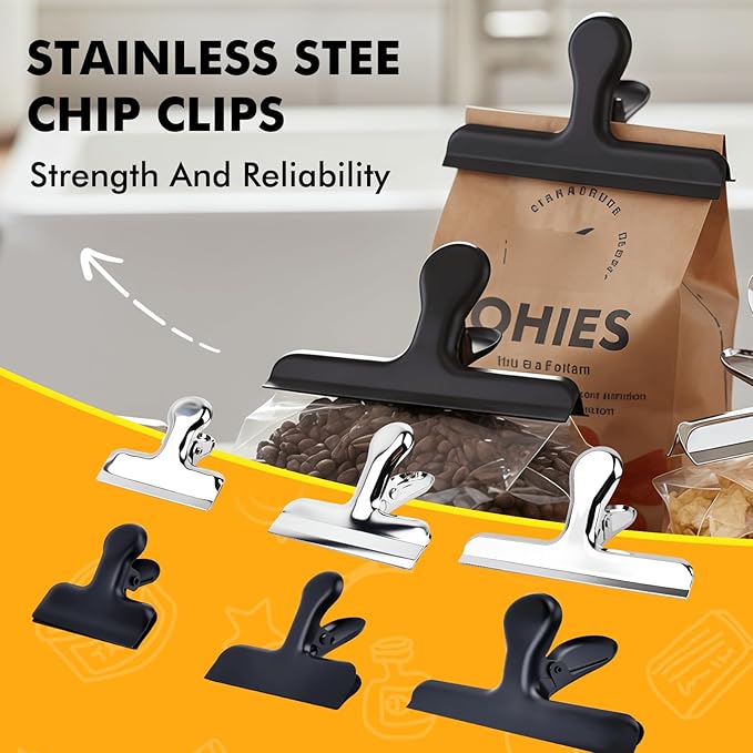 Chip Bag Clips, 12Pcs Stainless Steel Chip Clips for Food Packages, Metal Kitchen Clip for Snack Bags, Food Storage and Office Home Kitchen, Black