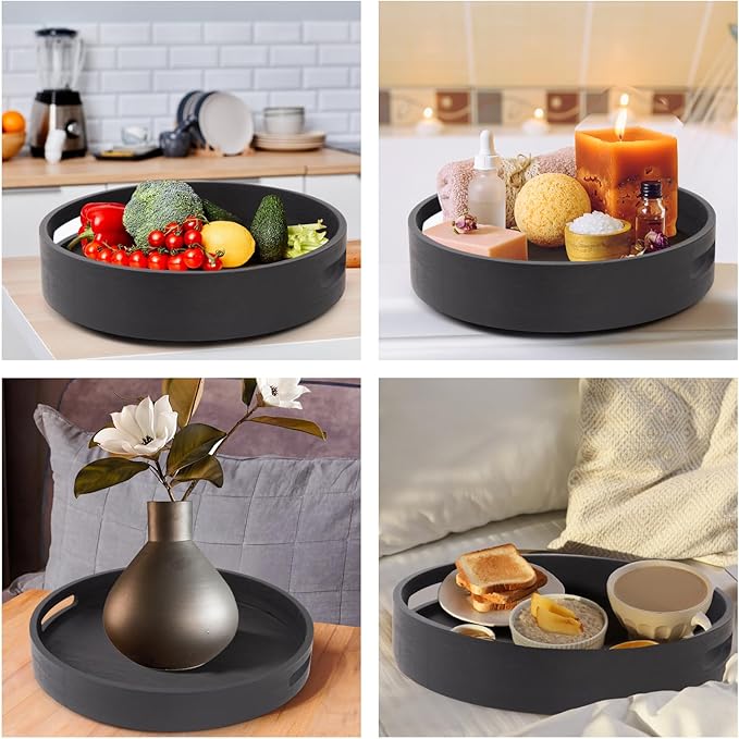 13in Bamboo Lazy Susan Organizer Turntable for Cabinet for Table Top, Spice Organization Round Rotating Serving Tray Turntable Seasoning Organizer for Kitchen(Black Bamboo)