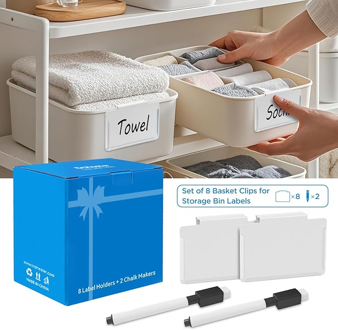 trohestar Metal Pantry Baskets Labels Clip On for Storage Bins | Edge Fold-Cream (Edge Fold-White, 8 Metal Label Clip)