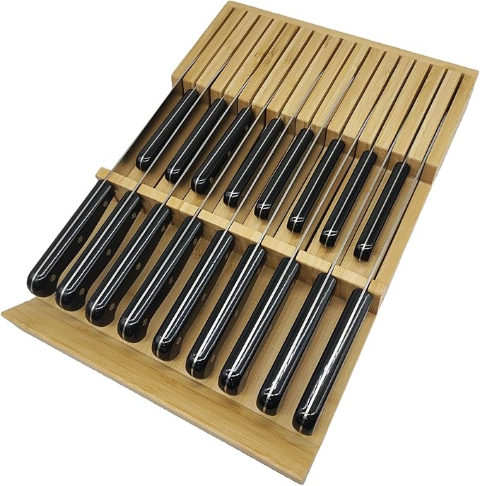 Bamboo In-Drawer Knife Block, 17 Slot Large Capacity Knives Organizer, Upper and Lower Kitchen Steak Knife Storage Rack - Holds 8 Short + 9 Long Knives