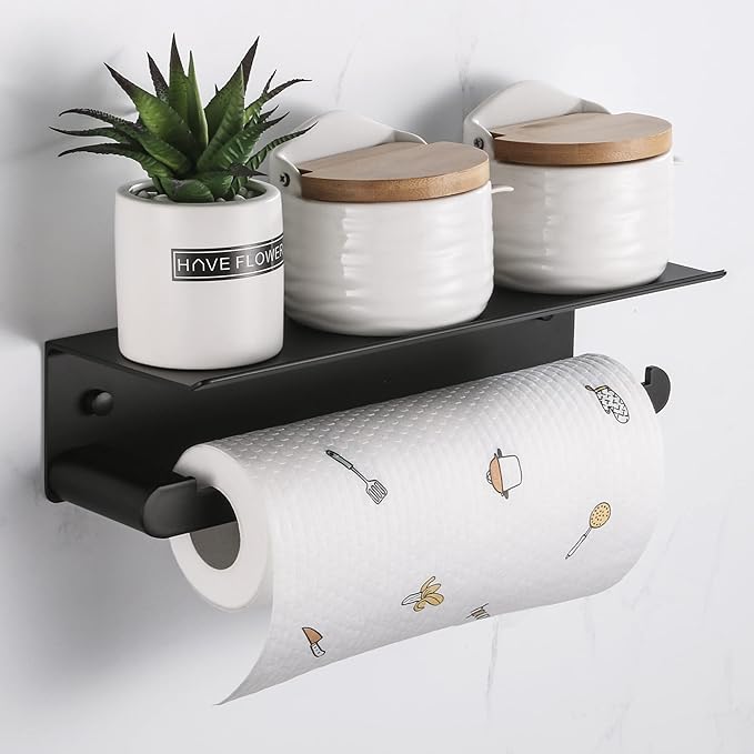 Paper Towel Holder Wall Mount for Kitchen, Self-Adhesive Paper Towel Holder with Shelf for Bathroom, Anti-Rust Aluminum, No Drill or Wall-Mounted with Screws (Matt Black)