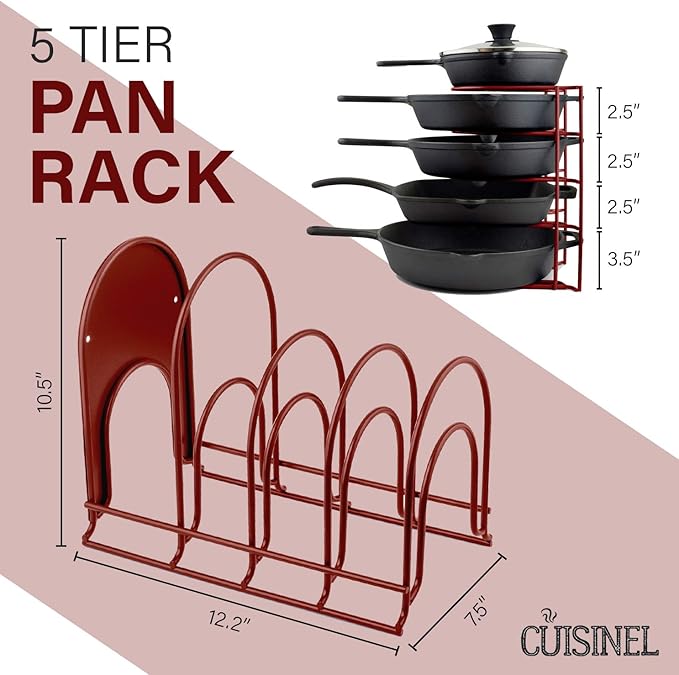 Cuisinel Pan Organizer for Cast Iron Skillets, Griddles and Pots - Heavy Duty Steel Construction - Holds Up to 50 LBS - Red 12.2 Inch - No Assembly Required