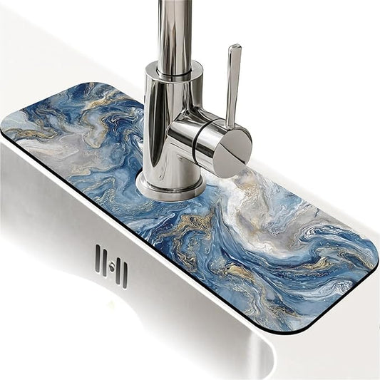 Kitchen Sink Splash Guard，Abstract blue white marble Faucet Mat Sink Gadgets-Super Absorbent Fast Drying Mat Drip Catcher for Kitchen, Bathroom,Sink Mat, Dish Drying Mat, Bathroom(15" X 5.5" )