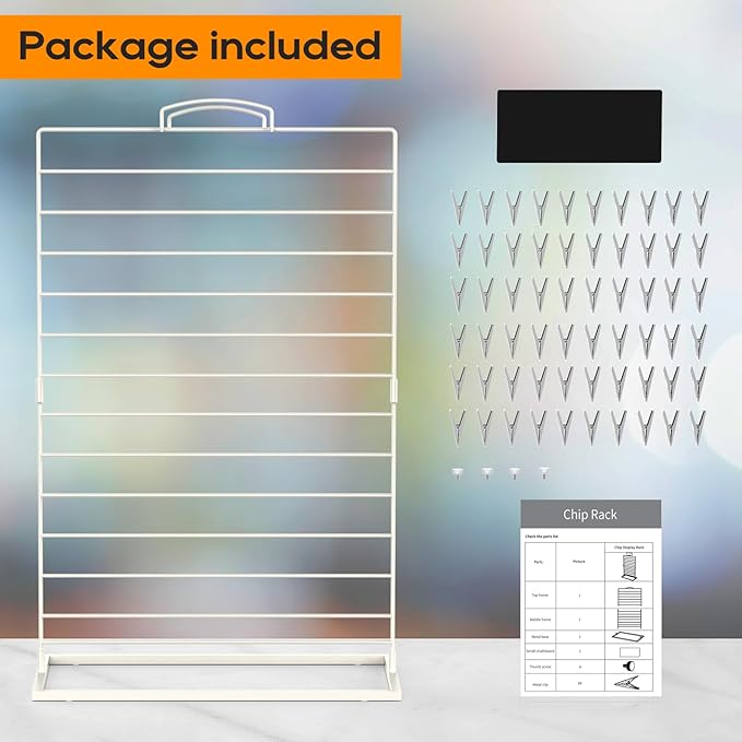 TJ.MOREE Chip Rack Display Stand, Chip Bag Holder for Party Display 3-Row 60 Clips Countertop Snack Hanger, Snack Retail Display Rack (White)