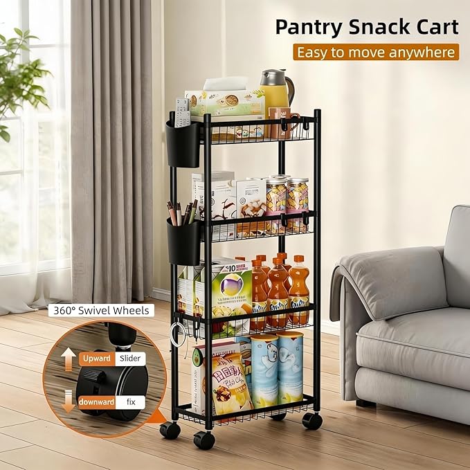 Slim Storage Cart with Wheels, 4 Tier Narrow Rolling Utility Carts, Skinny Metal Bathroom Organizer, Thin Mobile Shelf Unit for Bathroom Kitchen Laundry Room Office Small Spaces, Black