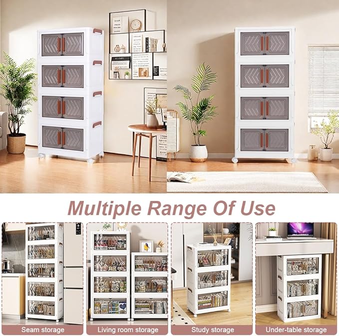 ETOYA 4-Tier Stackable Storage Bins with Lids & Wheels - 14.96"x10.24"x35.43" Collapsible Organizer Foldable Container, Plastic Storage Containers for Living Room, Office, Dorm Organization