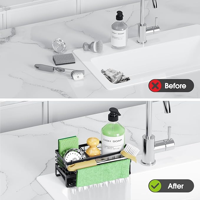 Self-Draining Kitchen Sink Caddy, Rustproof Non-Slip Sponge Holder with Detachable Dish Cloth Holder (Black)
