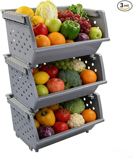3-Pack Plastic Stacking Organizer Basket, Kitchen Stackable Storage Baskets