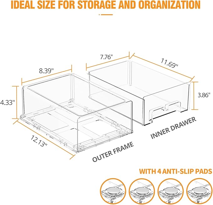 BOICHU 2 Pack Stackable Storage Drawers - Clear Refrigerator Drawers for Refrigerator Organizers and Storage, Acrylic Fridge Drawer Organizer with Handles for Bathroom, Undersink, Cabinet, Pantry, etc