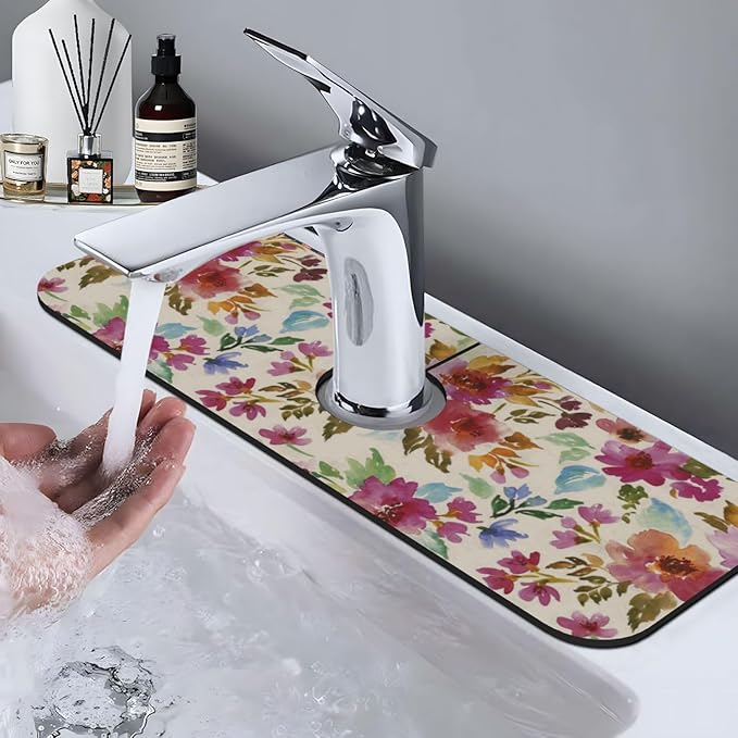Floral Colorful 15" X 5.5" Kitchen Sink Splash Guard Faucet Faucet Guard Draining Mat Sink Splash Guard Faucet Kitchen Bathroom
