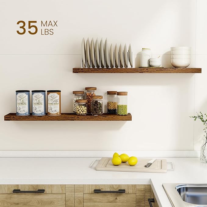 Dreamland 30Inch Floating Shelves for Wall, Rustic Wooden Floating Shelves for Bathroom|Bedroom|Kitchen, 2 Pack Deep Wall Mounted Book Shelf, Wood Storage Display Shelf for Home Decor, Brown