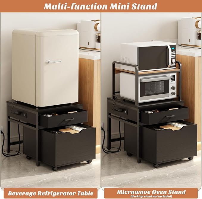 Unikito Mini Fridge Stand with Drawer Storage and Power Outlet, Heavy Duty Mobile Mini Fridge Shelf with Lockable Wheels, Beverage Refrigerator Table Stand, 22.8" L x 21.6" W, Max Load 300 LBS, Black