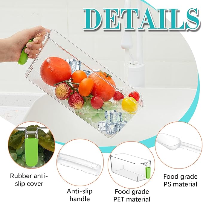 Havawish 2 Set Ice Bin and Flexible Scoop Set Plastic Freezer Ice Bin with Pull Out Handle Storage Bucket Clear for Container with Bucket Scoop (10.83 x 4.92 x 4.33 in,Green)