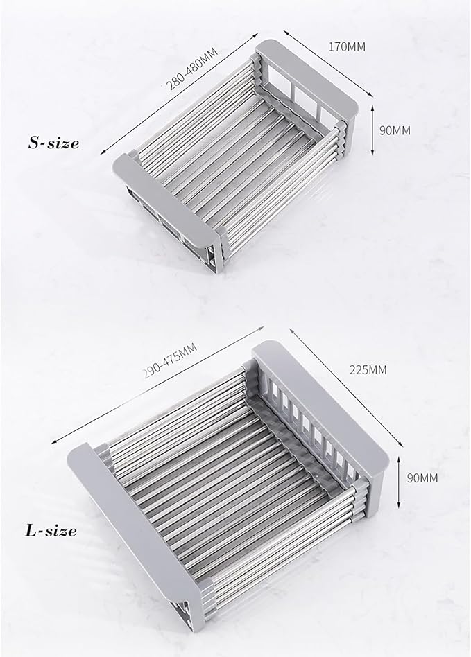 Extend Kitchen Sink Drain Basket,Stainless Steel Retractable Sink Rack,Over Sink Dish Rack,Portable Telescopic Kitchen Sinks Accessories,Extender Basket for Vegetables Fruits and Dishes(Gray,Large)