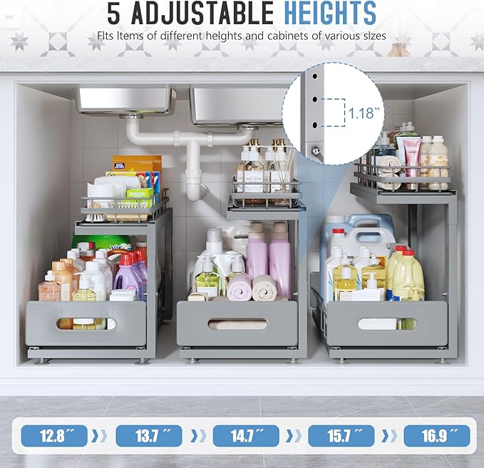 1 Pack 18 IN Depth Under Sink Organizer with Smooth Ball Bearing Slides,2-Tier Pull Out Cabinet Storage,Slide Out Drawers for Bathroom&Kitchen,Rust-resistant Coating,Height Adjustable-Gun Gray
