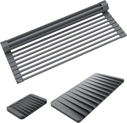 Kraus Roll Up Dish Drying Rack with Self-Draining Silicone Dish Drying Mat and Silicone Soap Dish Holder in Dark Grey, KDM-KRM-10DG