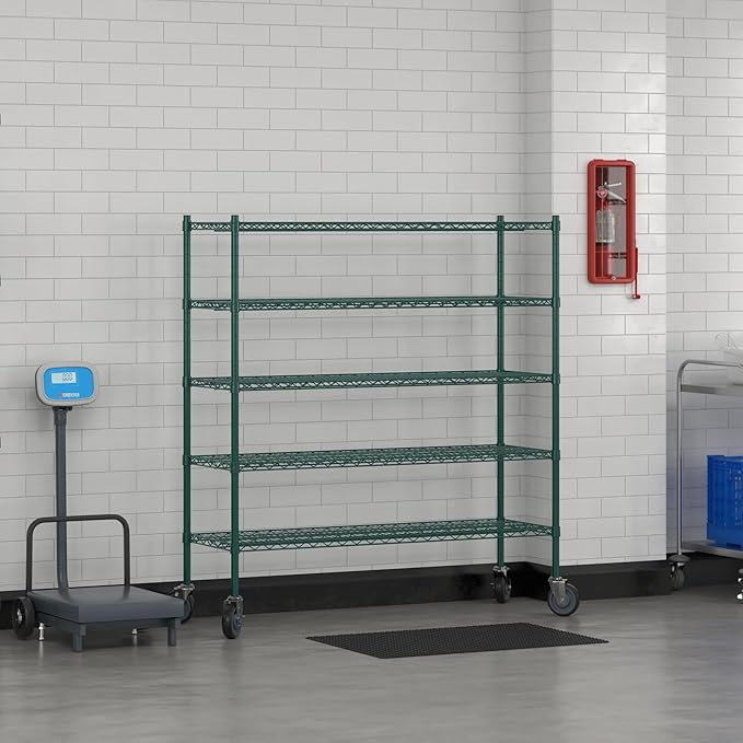 Commercial NSF Listed Green Epoxy Mobile Wire Shelving Kit 18" x 54" x 60", with 5 Shelves Perfect for Warehouse, Walk-in Refrigerator, Freezer, Grocery Store, Restaurant, Dishroom