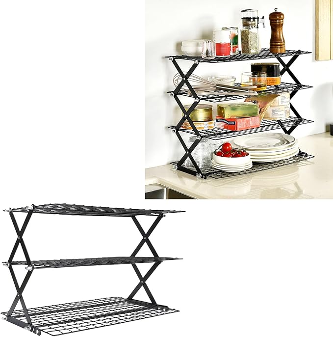 Foldable Countertop Storage Rack, Multi Tires Stainless Steel Space Saving Shelf Collapsible Stackable Organizer with Mesh Design for Drying Food Seasoning (3 Layer)