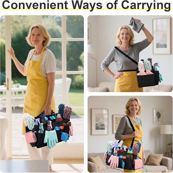 Wigojoy Wearable Large Cleaning Caddy Bag for Housekeeper, Clean Supply Organizer with Adjustable Shoulder, Waist & Handle Straps, Detailing Bag for Kitchen Supplies (Black)