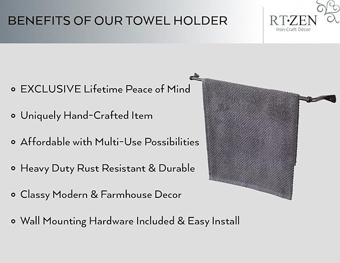 RTZEN Farmehouse Bathroom Towel Holder - Wrought Iron Matte Metal Black Towel Bar Wall Mount Rod - Handmade Home Decor Metal Kitchen Hanger Bar (16'' - Fits 16 Inch Towels)