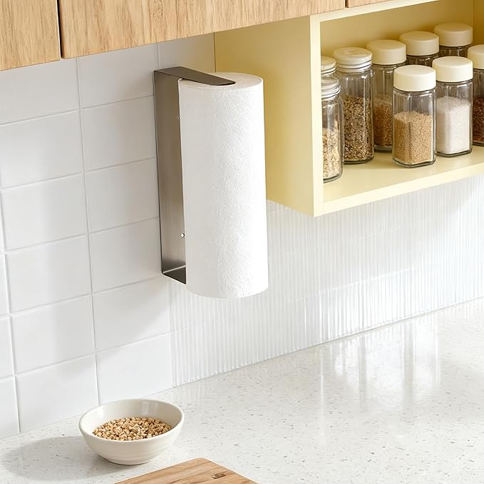 YIGII Paper Towel Holder Under Cabinet – Self Adhesive or Drilling, Wall Mount Paper Roll Holder for Pantry, Bathroom, RV, Stainless Steel Papertowel Holders