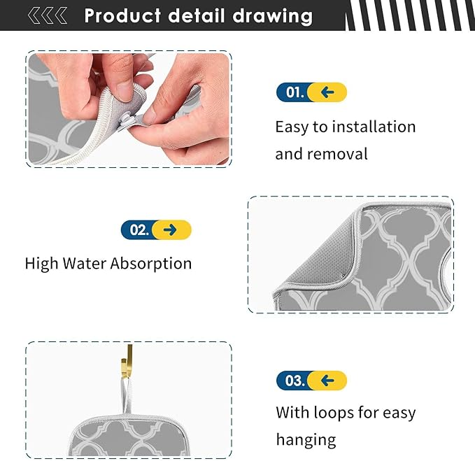 2 PCS Kitchen Sink Splash Guard 14.9 Inch Faucet Mat for Kitchen Sink Bathroom Sink Faucet Absorbing Drip Drain Mat Pad Microfiber Soft Washable Grey and Black Quatrefoil