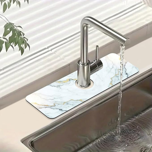 Marble Pattern Kitchen Sink Splash Guard Faucet Mat Gray Gold Marble Super Absorbent Fast Drying Mat Sink Splash Guard Behind Faucet for Kitchen Bathroom, 15.5"x5.5"