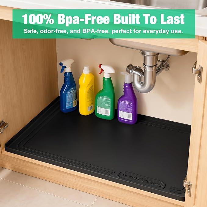 Aisslro Under Sink Mat 34" X 22", Waterproof Silicone Under Sink Mats for Kitchen, Anti-Leak Shelf Liner & Cabinet Protector with Raised Edge, [BPA Free] Bathroom Tray Home Organizer, Black