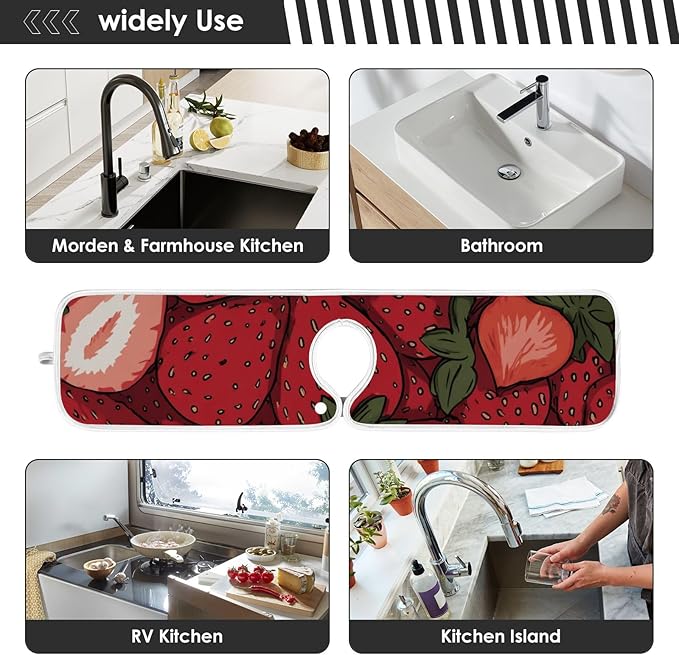 2 PCS Kitchen Sink Splash Guard 30 Inch Faucet Mat for Kitchen Sink Bathroom Sink Faucet Absorbing Drip Drain Mat Pad Microfiber Soft Washable Pink and Red Strawberry Flowers