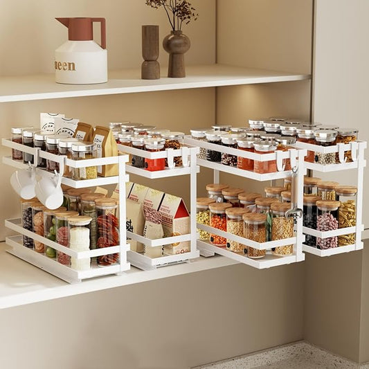 Pull Out Spice Rack Organizer for Cabinet, 4 Pack Metal Seasoning Organizer Slide Out Spice Storage Shelf No Assembly Vertical Spice Rack Pullout for Kitchen & Bahthroom No Drill(2 Tier,White)