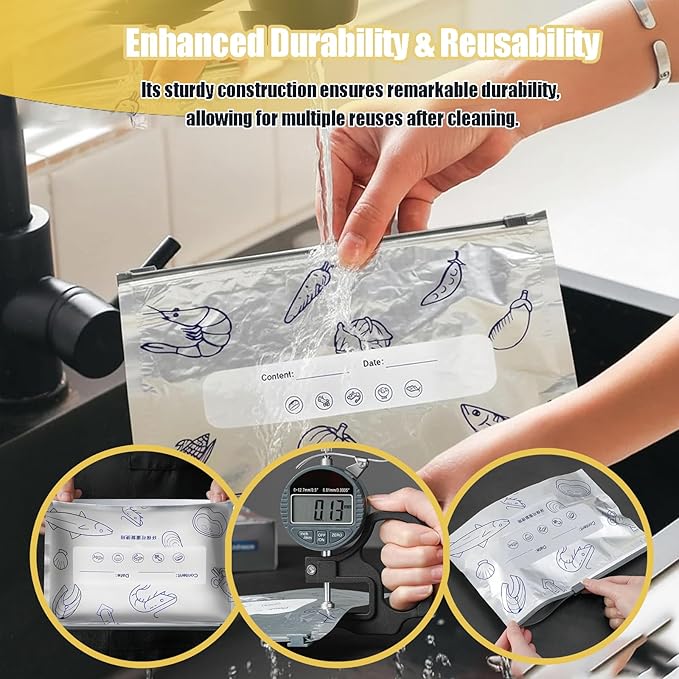 SNMIEDO Reusable Aluminum Foil Sealable Storage Bags - Freezer Ziplock Bags - Foil Sealable Bags for Food, Vegetables, Fruit, Meat, Snacks, Bread, Seafood Preservation
