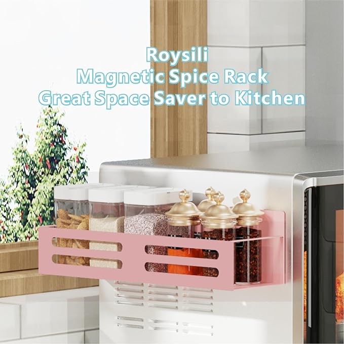 Roysili Magnetic Spice Rack for Refrigerator, Metal Spice Rack Organizer, Magnetic Shelf for Fridge 4Pack Pink