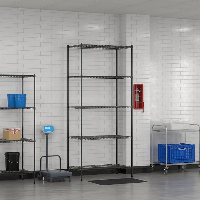 Commercial NSF Listed Black Epoxy Stationary Wire Shelving Kit 24" x 42" x 96", with 5 Shelves Perfect for Warehouse, Walk-in Refrigerator, Freezer, Grocery Store, Restaurant, Dishroom